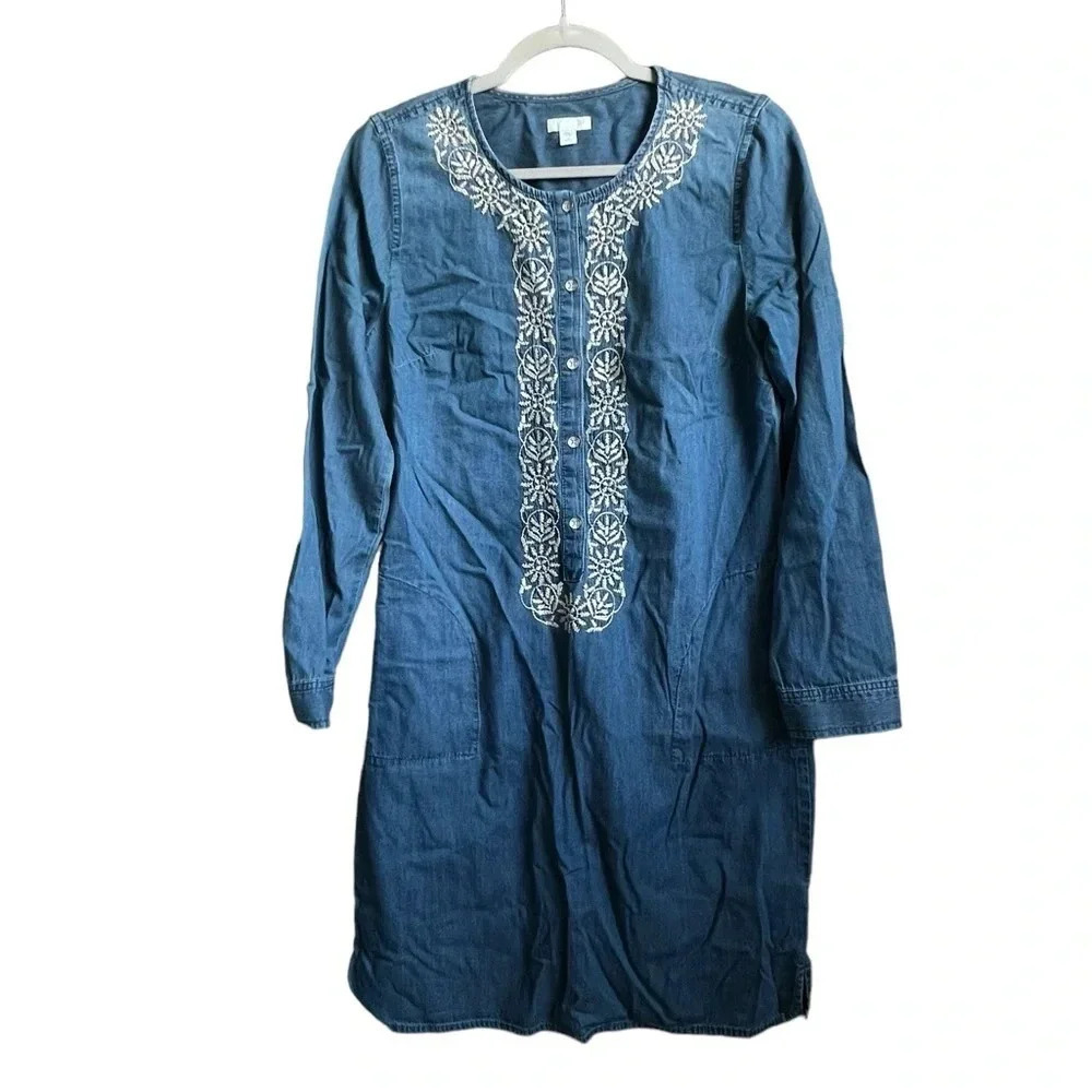 J.Jill Chambray Denim Button Front Embroidery Long Sleeve Shift Dress Size S